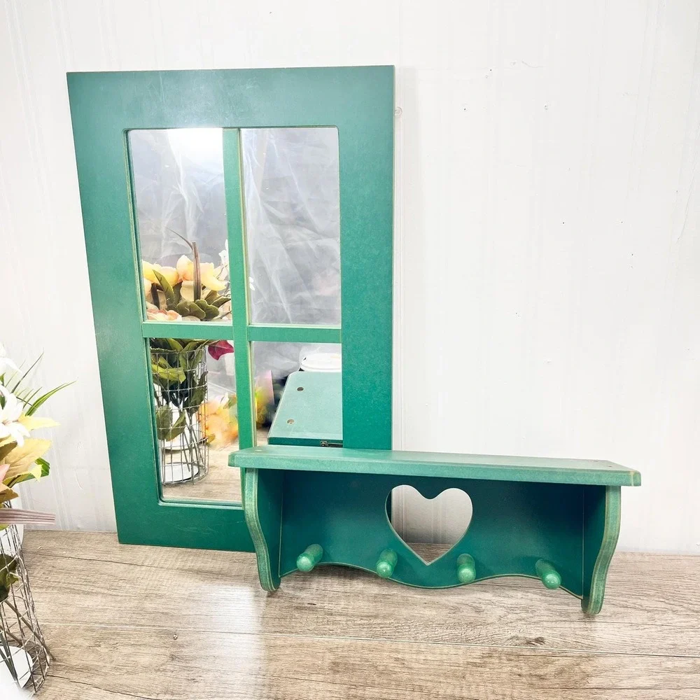 Green Wooden Heart Shelf and Mirror Set - Vintage Cottagecore Decor